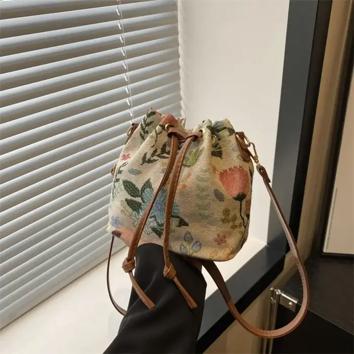 Sac à main en tissu de lin pour femme, sac à bandoulière floral, style ethnique, mode, E27