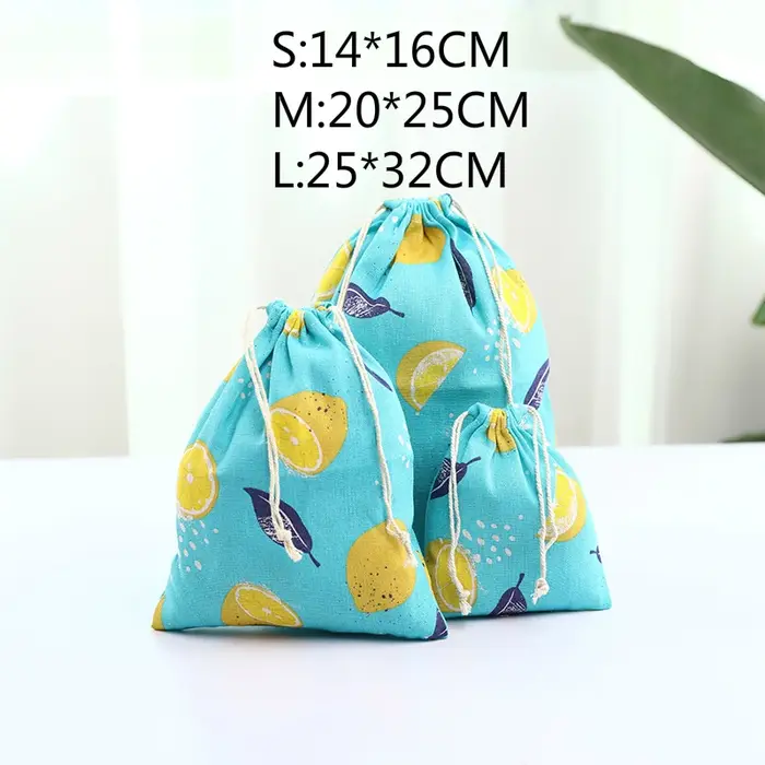 Pochette en tissu de coton et de lin, sac à cordon, imprimé de fruits mignons, sac de rangement de c