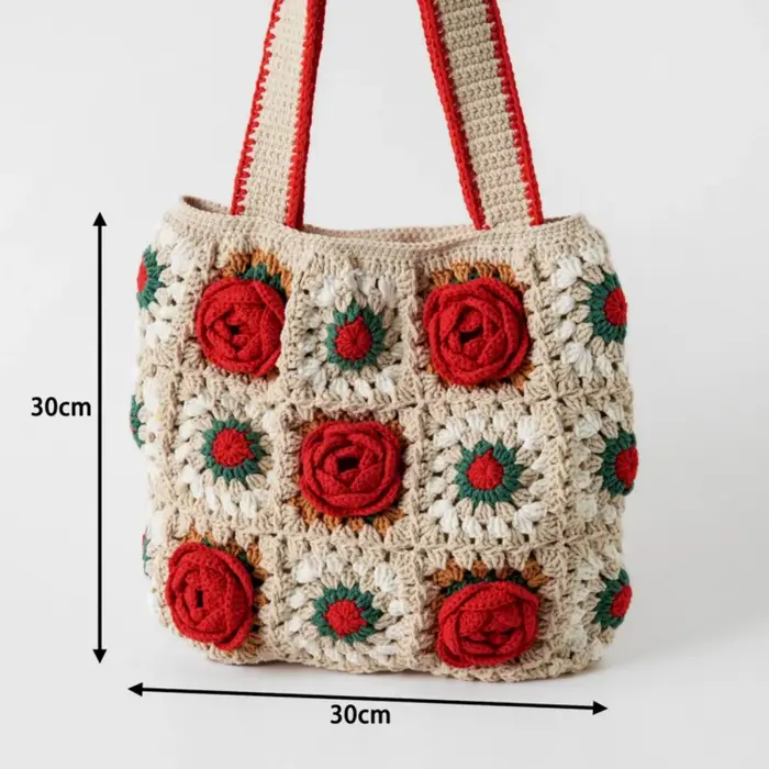 Sac en crochet fait main, tissage de 10 roses en fil de chiffon, sac à bandoulière, sac en tricot rouge, sac en fil rose, cadeau de vacances