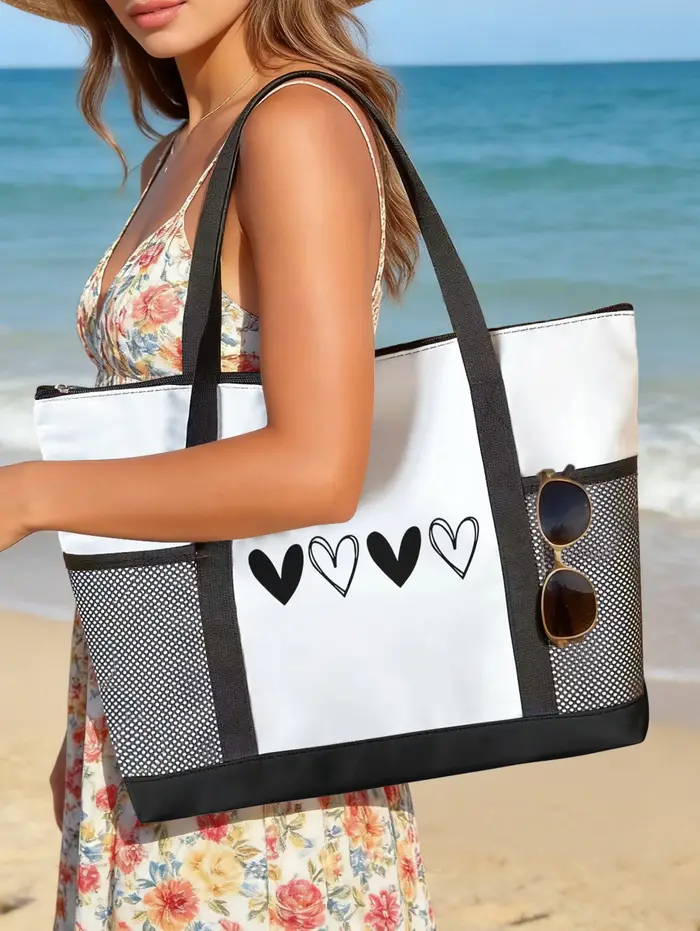 Sac de plage noir à imprimé cœurs