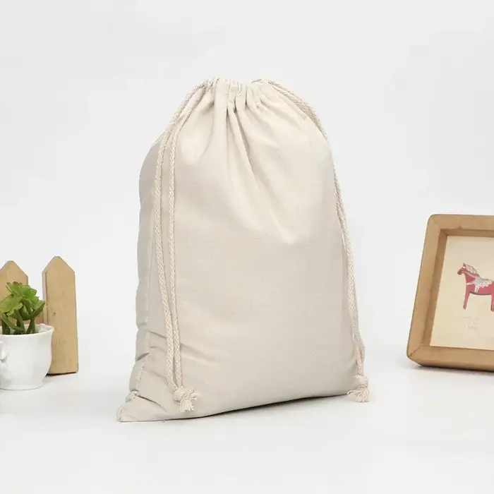Sac en toile de coton avec logo personnalisé, sacs d'emballage à cordes, grande capacité, 100% coton