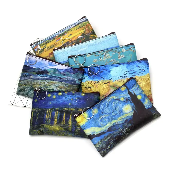 Sac à cosmétiques en toile de peinture à l'huile vintage, Van Gogh Art, tournesol, étoile, lune, nuit, poudres de maquillage, porte-monnaie de voyage, portefeuille