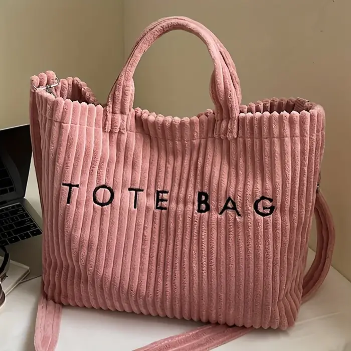 Sac à main en velours rayé de grande capacité, sac à bandoulière pour femmes, sacs à main, sacs à bandoulière, fourre-tout polyvalent en velours côtelé avec lettres