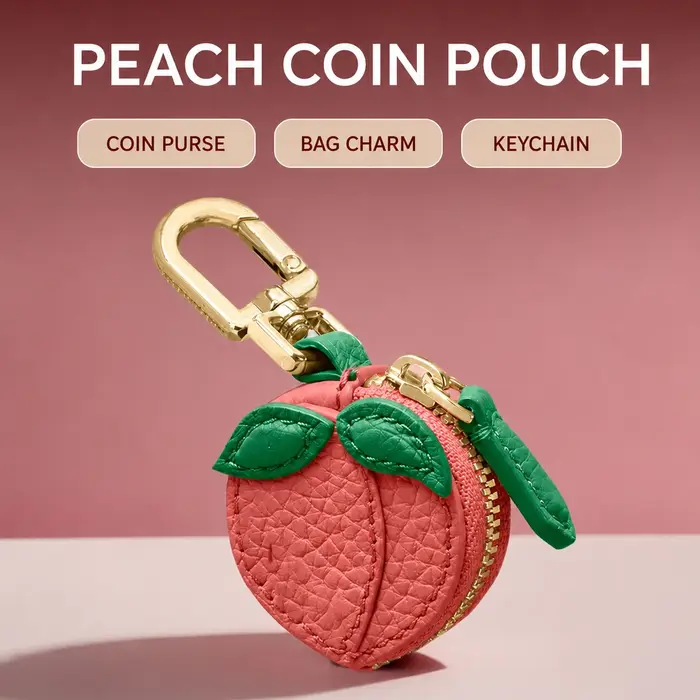 1 pièce Porte-monnaie en cuir PU motif dessin animé, pochette en forme de fruit (pêche, pomme), breloque de sac multifonctionnelle pour clé de voiture et pièces de monnaie