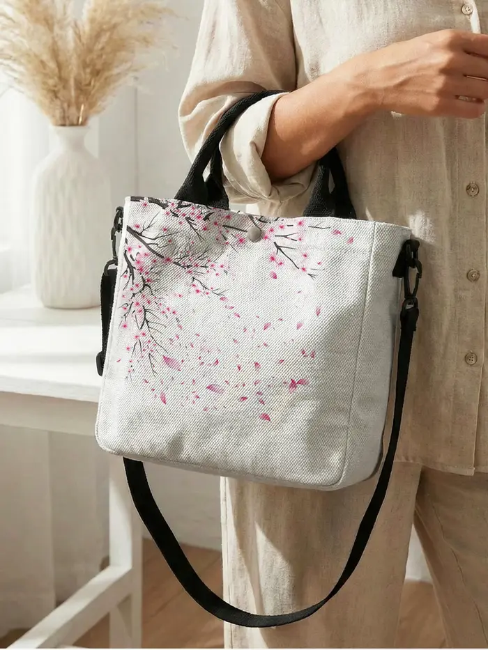 Sac fourre-tout en toile rose aquarelle à motif de fleurs de cerisier
