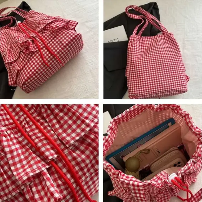 Grande capacité mignon Plaid coton sac fourre-tout dentelle garniture femmes été 2025 Simple dame sac à main doux sacs à bandoulière Bolsa Feminina