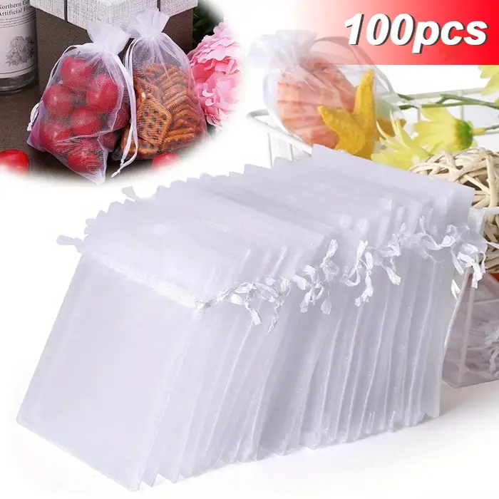 100 pièces sacs en Organza maille aléatoire sacs à bijoux en Organza cordon, petites pochettes à cor