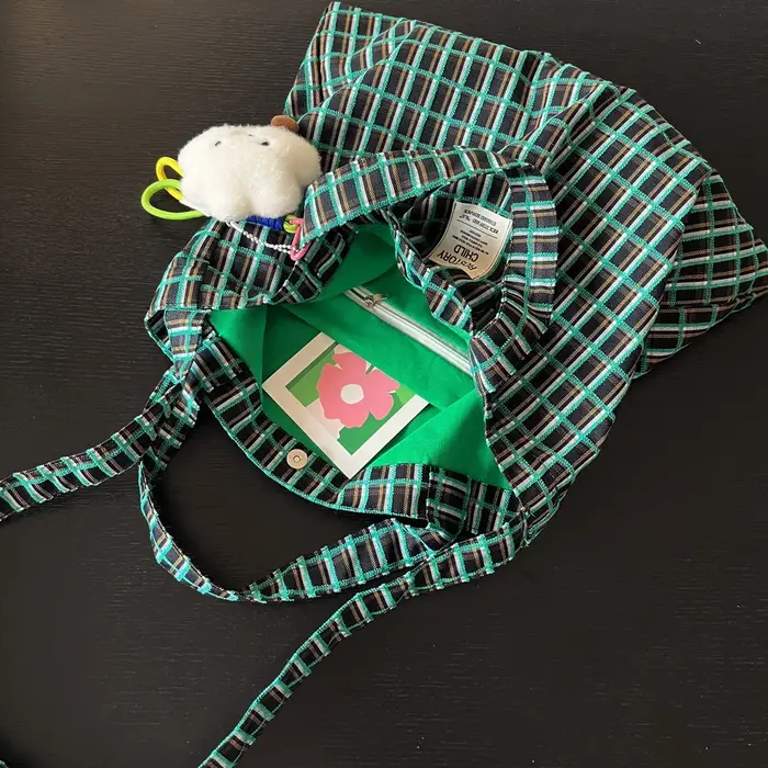 Sac en toile jacquard vert à carreaux color block