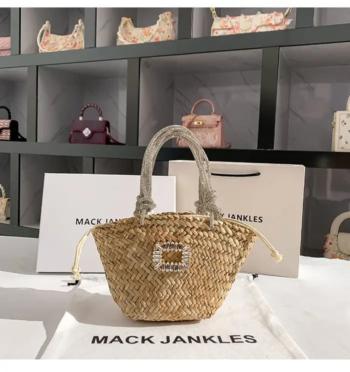 Sac à Main en Paille Tissée à la Main avec Strass Brillants pour Femme, Pochette de Plage et de Vaca