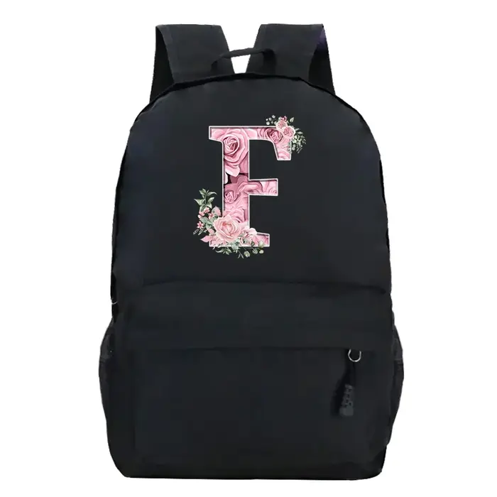 Rose Rose Alphabet sac à dos noir décontracté femmes esthétique sac à dos adolescente garçon fleur lettre sac d'école étudiant Mochilas