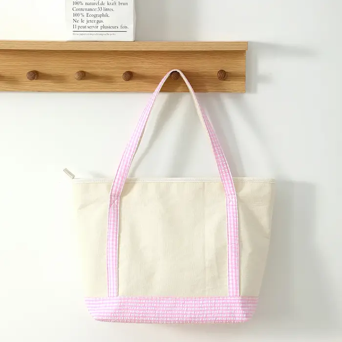 Sac fourre-tout en toile vichy pour femmes, sac de plage d'été avec fermeture à glissière, intérieur