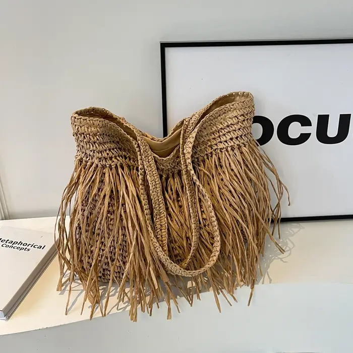 Sac fourre-tout en paille solide tissé pour femme