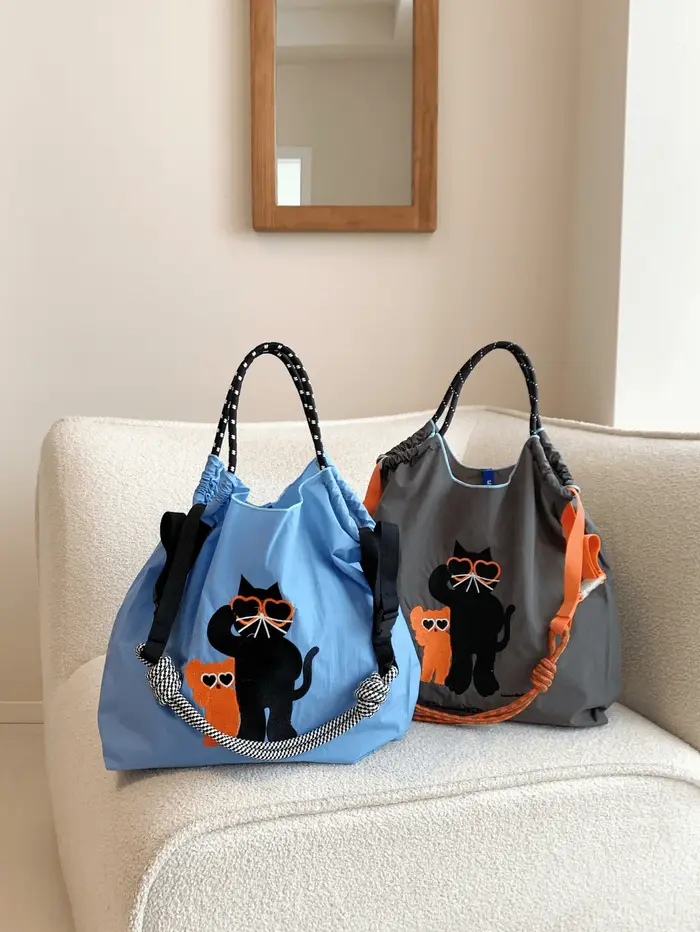 Sac de courses brodé de style japonais avec motif de chat à la mode