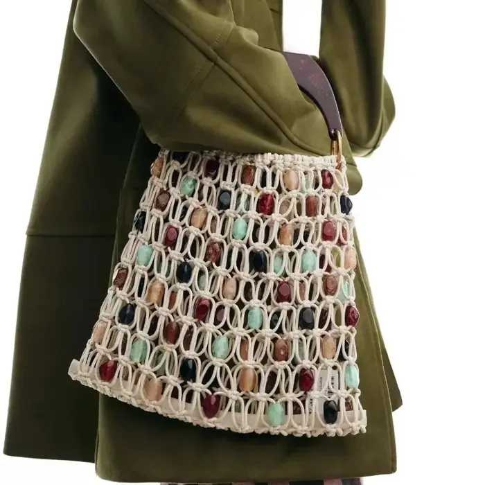Nouveau Sac de Plage Bohème en Corde Tressée avec Perles Colorées pour Femme