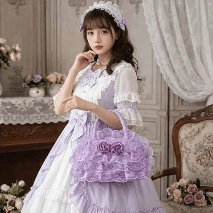 Sac à main en dentelle à volants en polyester, motif rose 3D, sac Lolita multicouche, intérieur spacieux, fermeture éclair, petit sac fourre-tout