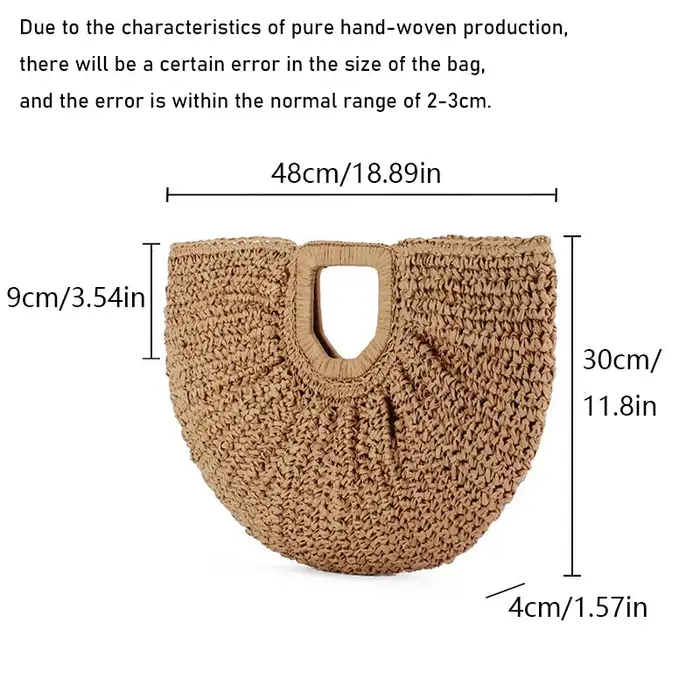 Sac à main de plage demi-lune en paille d'été pour femmes