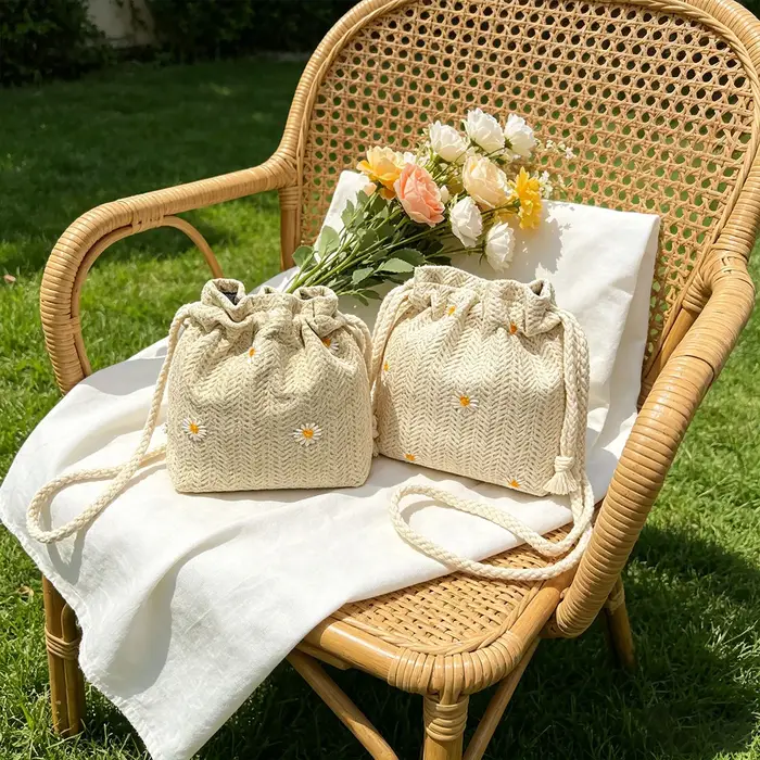 Sac seau mini tressé en herbe fraîche