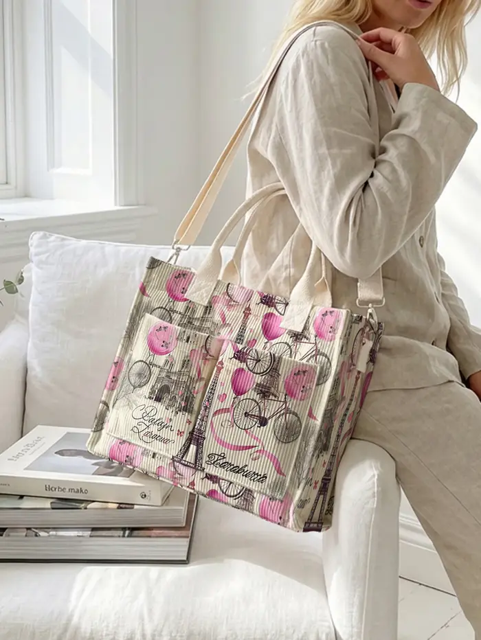Sac fourre-tout en velours côtelé avec imprimé Tour Eiffel de Paris