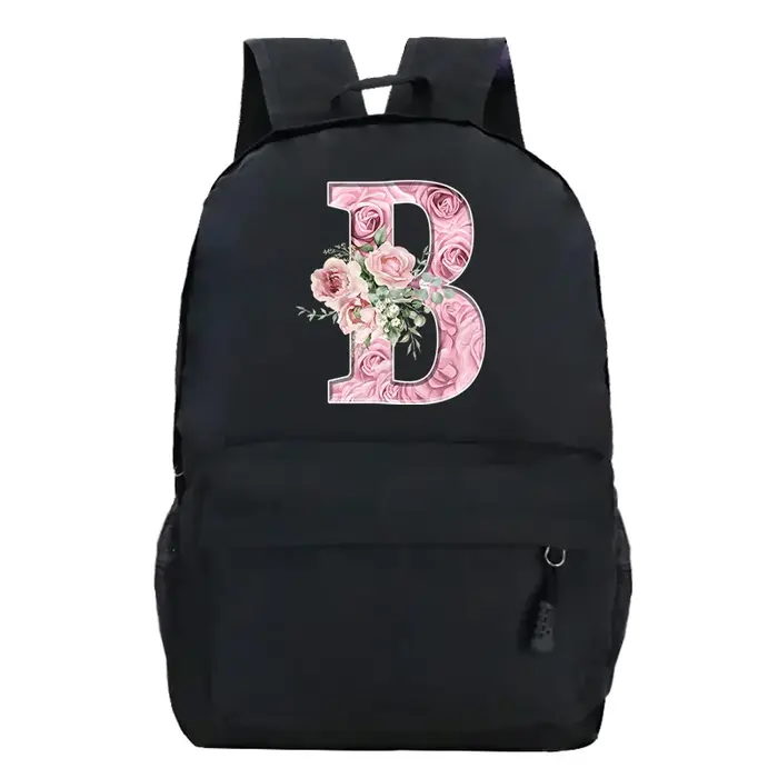 Rose Rose Alphabet sac à dos noir décontracté femmes esthétique sac à dos adolescente garçon fleur lettre sac d'école étudiant Mochilas