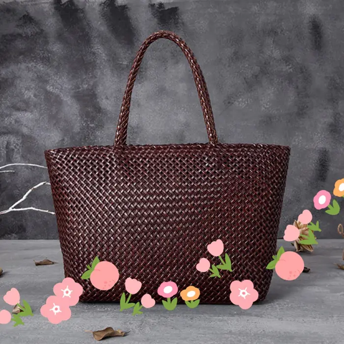 Sac à main en cuir pour femme, grand sac fourre-tout romantique tissé à la main, sac seau en cuir de