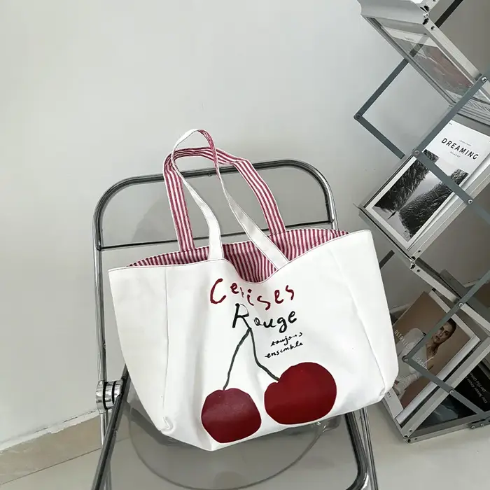 Sac à bandoulière en toile pour femmes, Design réversible, sac à main en tissu de coton, sac à main à rayures rouges cerise, grand fourre-tout, sacs de Shopping écologiques