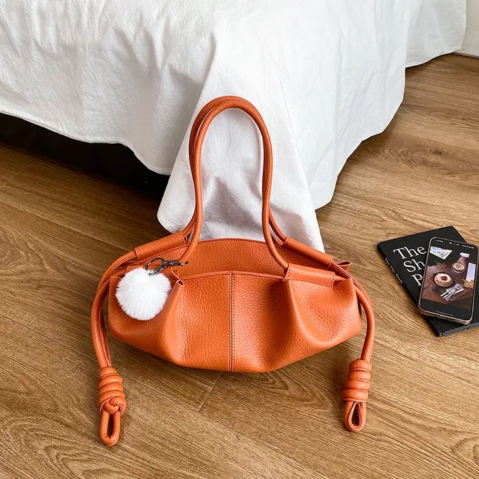 Sac à main orange en cuir PU de haute qualité, sac de créateur pour femme, sac nuage plissé, sac hob