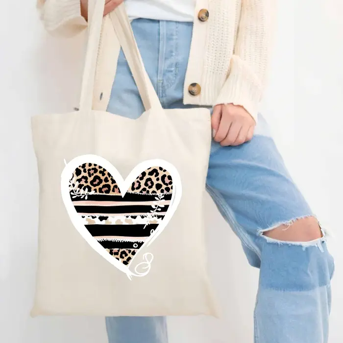 Sac à main en toile à motif en forme de cœur avec rayures léopard naturelles