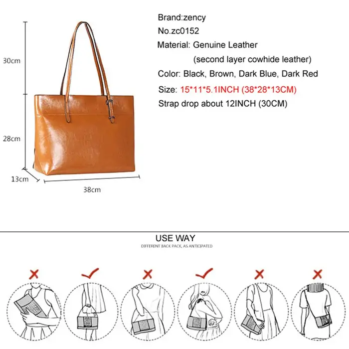 Zency nouveau marron femmes sac à main 100% en cuir véritable femme sac à bandoulière dames noir sac fourre-tout grande capacité sacs à provisions