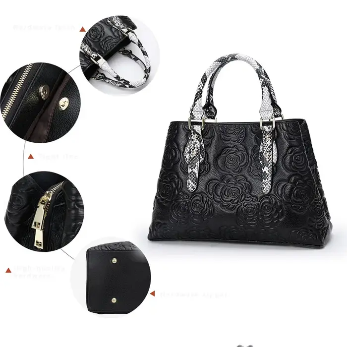 Aidrani Sac à main de luxe en cuir pour femme grande capacité noir avec motif floral et serpent