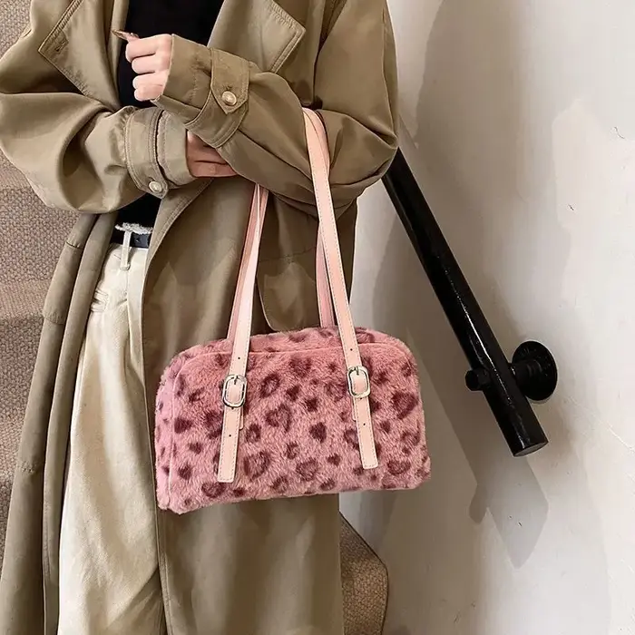 JIAERDI imprimé léopard rose sac à main femmes automne hiver nouveau peluche doux Y2k sacs à bandoulière femme