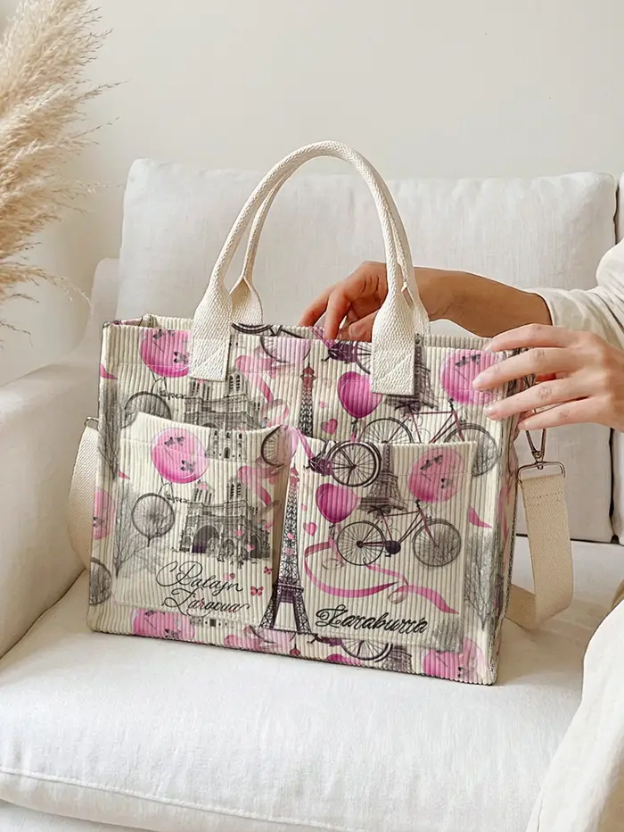 Sac fourre-tout en velours côtelé avec imprimé Tour Eiffel de Paris