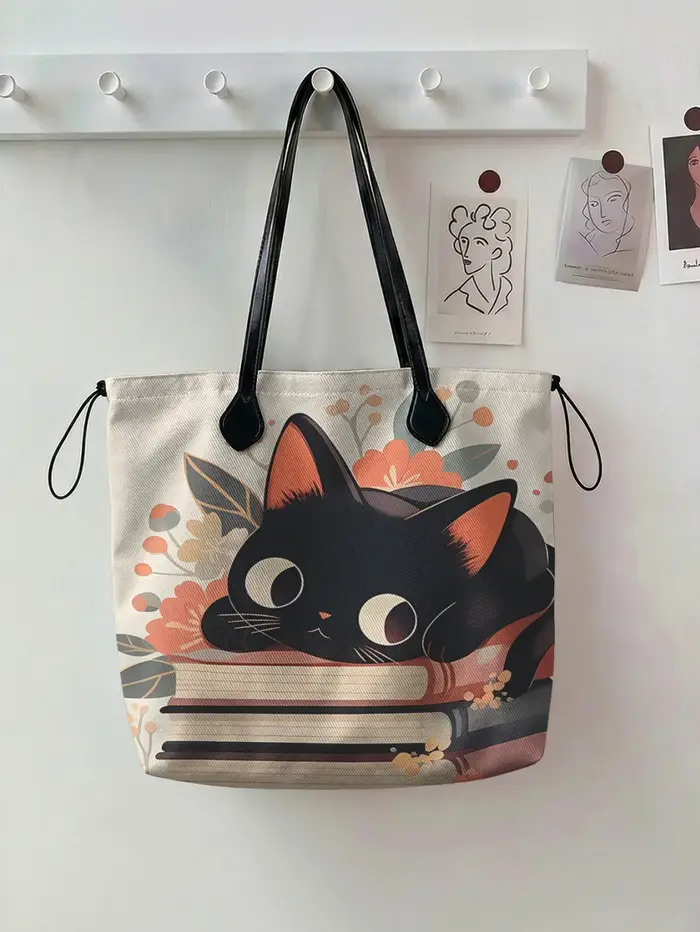 Sac fourre-tout coloré à imprimé chat pour femme, grande capacité, avec poignée en cuir, sac de shop