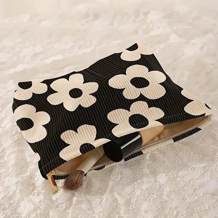 Pochette de maquillage en velours côtelé à imprimé floral jaune