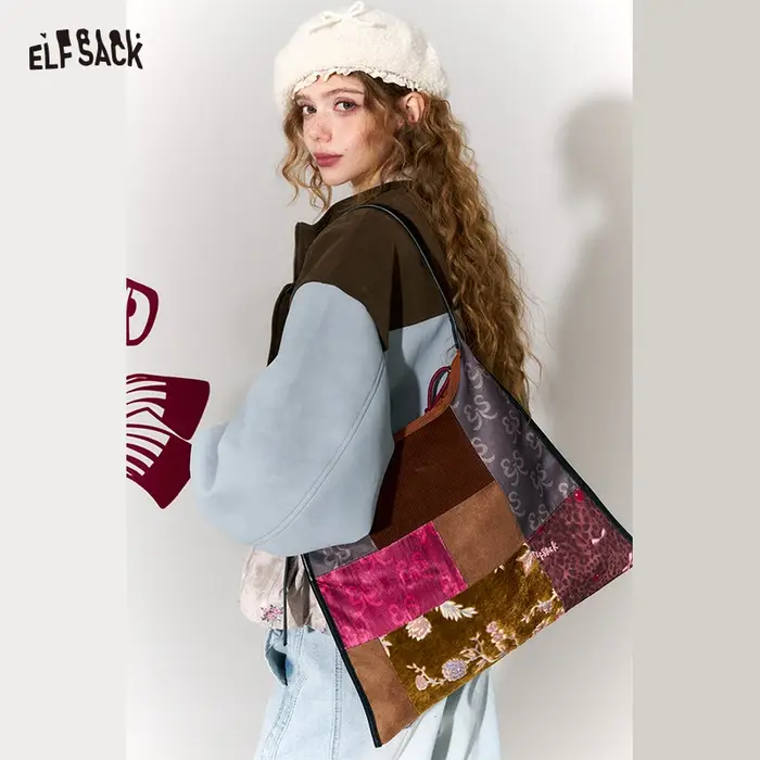 ELFSACK nouveau sac fourre-tout de grande capacité en cuir PU Patchwork Oriental pour les femmes