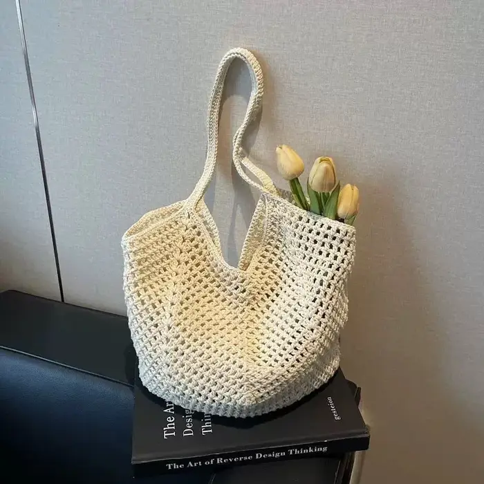 Sac fourre-tout esthétique en crochet, tissé, style bohème, pour la plage d'été, sac à main minimali