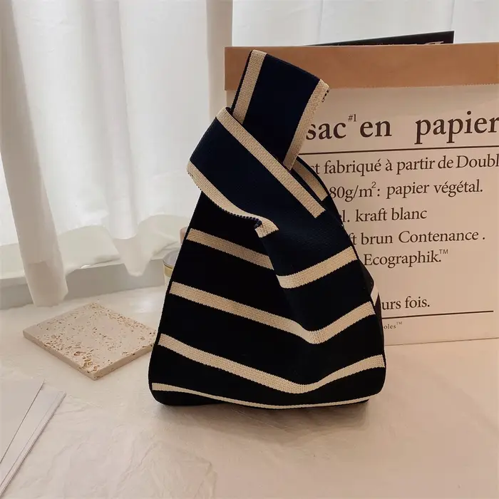 Sac à main en tricot fait à la main pour femme, mini sac de poignet à nœud, fourre-tout à carreaux à