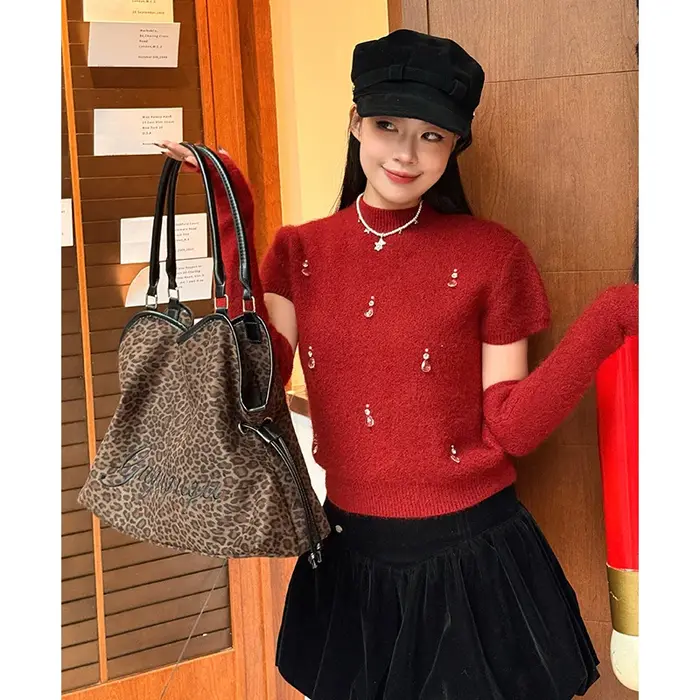 ELFSACK Y2K Sac fourre-tout de grande capacité avec lettres graphiques léopard brodées pour femme