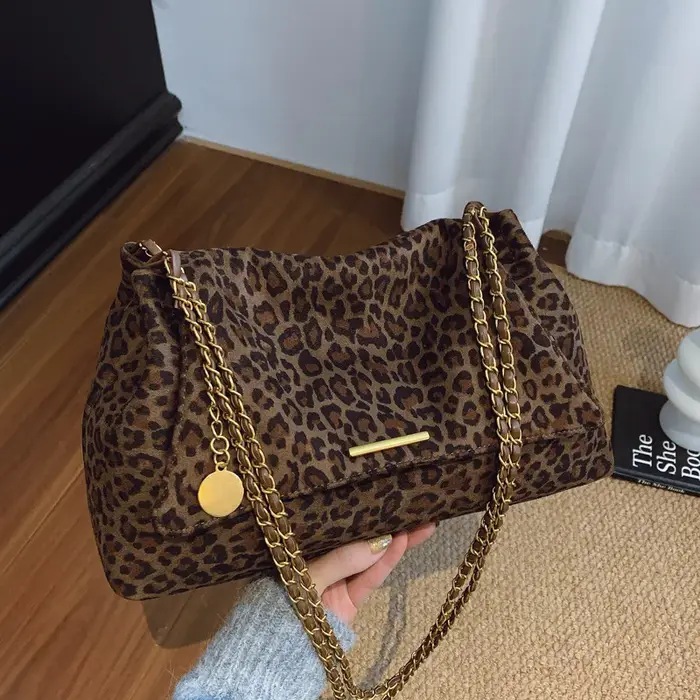 Sac à main vintage à imprimé léopard avec chaîne, sac fourre-tout en tissu doux avec bandoulière dor