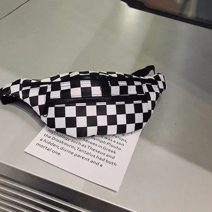 Nouveau sac de taille à la mode à carreaux noir et blanc avec doubles fermetures éclair et sac à ban