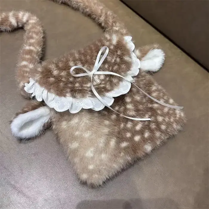 Sac à bandoulière en peluche avec ruban tacheté de cerf japonais, sac à main moelleux pour femmes, s