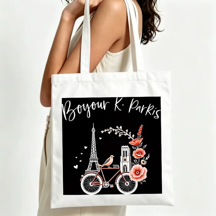 Sac fourre-tout en toile d'inspiration parisienne avec motif Tour Eiffel et imprimé floral, idéal po