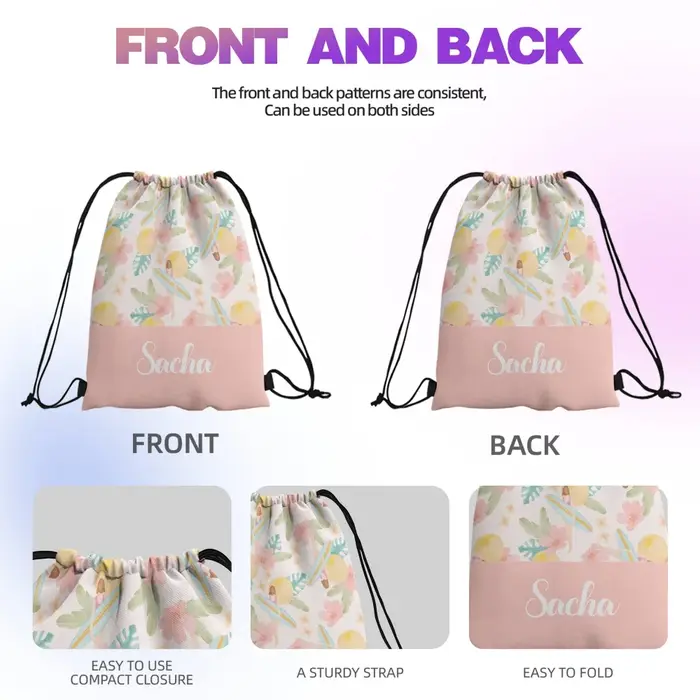 Sac à cordon personnalisé avec nom sur mesure - Idéal pour les escapades estivales à la plage