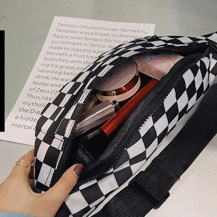 Nouveau sac de taille à la mode à carreaux noir et blanc avec doubles fermetures éclair et sac à bandoulière en toile