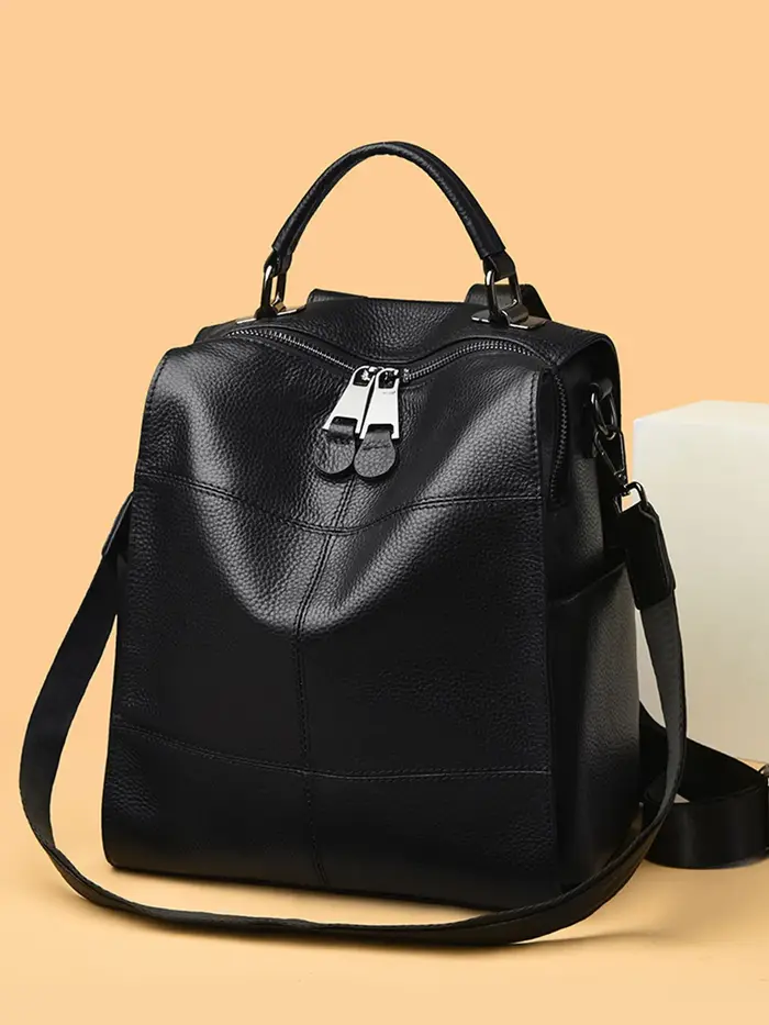 Sac à dos pour femme en cuir véritable grain litchi, fermeture éclair de haute qualité, design simpl