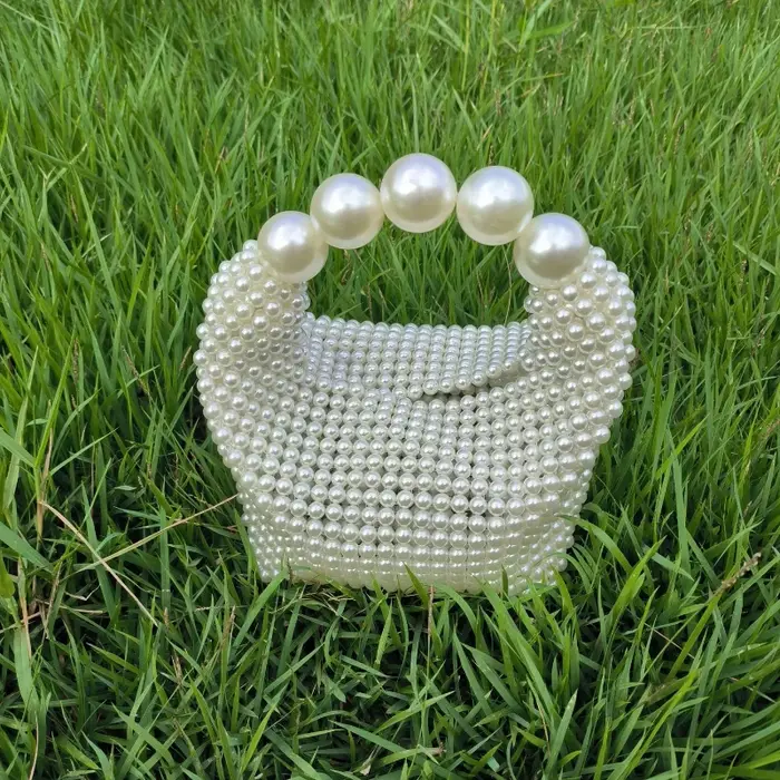 Sac fourre-tout vintage français en bois perlé, sac à main Boston avec accent perlé, sac à poignée s