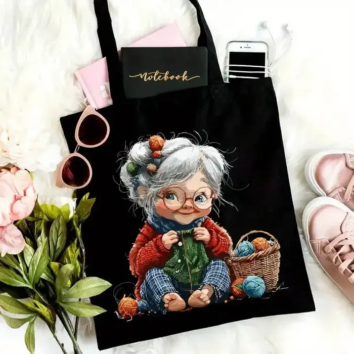 Sac à main esthétique en toile au crochet pour grand-mère - Sac à bandoulière réutilisable écologique avec imprimé