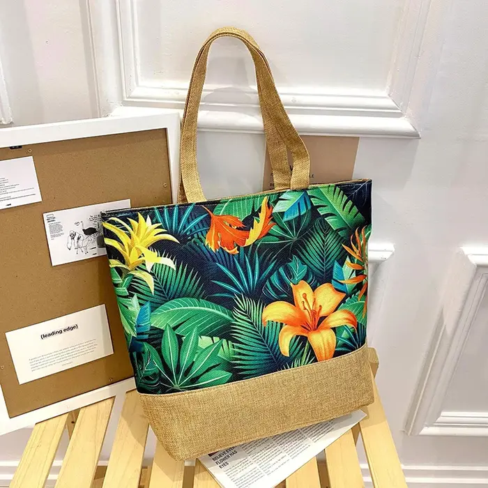 2025 femmes feuilles imprimé sac à main grande capacité mode toile fourre-tout dames Portable plage voyage fermeture éclair sac à bandoulière