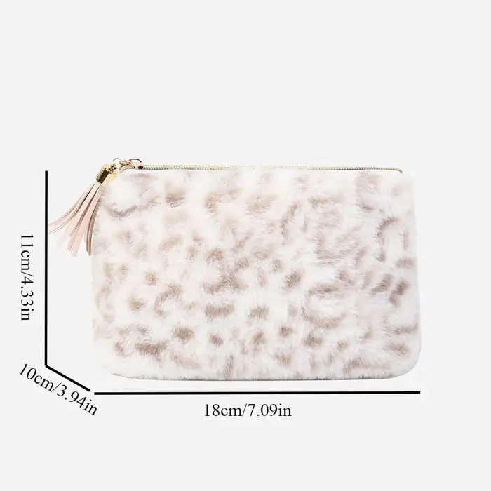 Sac à cosmétiques en peluche léopard avec pompon en PU