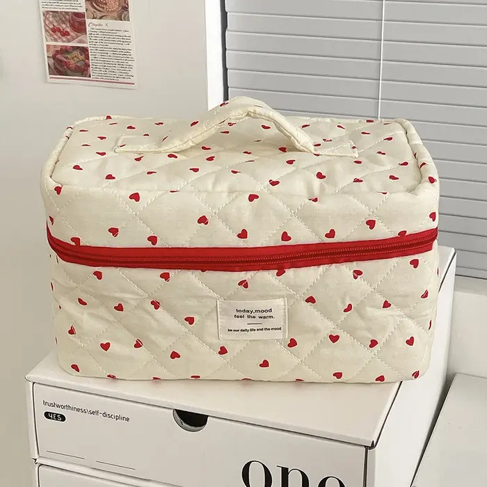 Mode Ins coeur femmes Quilting sac de maquillage grande capacité toilette cosmétique pochette de rangement sac à main