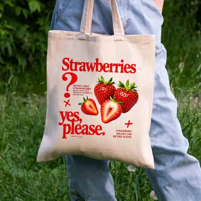Sac fourre-tout en toile blanche à motif fraise